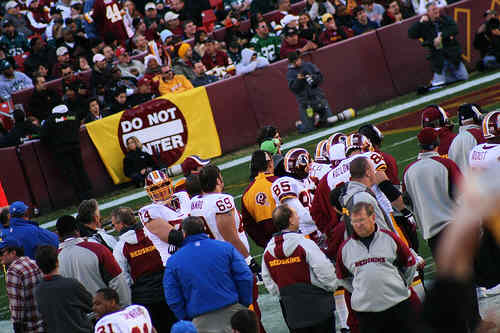 Washington Redskins vs. Phlidephia Eagles pt. 14 - The washington redskins players on the sideline and the do not enter banner.