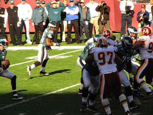 Washington Redskins vs. Phlidephia Eagles pt. 28 - The qb about to throw the ball to his left side.