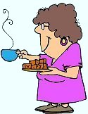 Responses,Discussions,people - picture of an elderly lady giving out a treat,for a good response.Dressed in a simple pinkish colored house dress and ole slippers, holding in her a hand a cake or brownie as a treat for someone, in the other hand a hot cup of coffee.