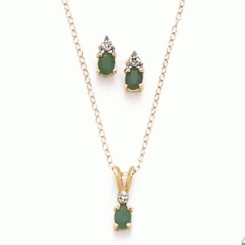 Diamond Necklace Set W/Pendant and Earring - 10K Yellow Gold and Emerald & Diamond Set with Pendant on 18 inch Chain & Earring with 0.01 Carat Diamond and 0.75 Carats Emerald     List Price:   $216.00  Your Price:   $128.80/ea       Condition:   New   Description:  Three gorgeous green emerald gemstones, .60 carat total weight, are on beautiful display in this necklace and earrings set. The set includes a pair of oval cut prong set emerald earrings and a beautiful emerald necklace which is suspended elegantly on an 18 inch cable necklace. The set is crafted in polished 10 karat yellow gold and is enlivened with sparkling diamond accents, .01 carat. This set is a great gift for sweet sixteen and it's presented in a velvet gift box.