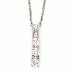 14K 3-Stone Diamond Pendant -   14K White Gold 3-Stone Diamond Pendant with Channel-Set Melee on 18 inch Chain with 0.50 Carat Total Weight     List Price:   $1,132.71  Your Price:   $823.00/ea       Condition:   New   Description:  Terrific trios: Three graduated brilliant cut round diamonds are prong set and glisten below 3 channel melee' set diamonds, which add extra dazzle to this 14k white gold pendant. She'll love the look of this graceful piece, which is carried by an 18-inch rope chain also in 14 karat white gold. This gorgeous 3-stone diamond necklace measures 4mmx18mm, sparkles with a total diamond weight of .50 carats and is presented in a plush velvet gift necklace box.