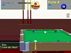 Virtual Pool - Virtual Pool http://www.gamespot.com/ps/sports/virtualpool/index.html For a pool title to be enjoyable, three features are essential: realistic physics, multiple points of view, and total control of the cue ball. Virtual pool has all three. The physics feel great: Balls go where they're supposed to and bank realistically (which in my case means my shots fail just like they should). The table is viewable from almost any angle, from right behind the eight ball, to underneath the table itself. Players may even view the action from directly overhead (something only Wilt Chamberlain could hope for in the real world). Control of the cue ball is also excellent: Hitting the ball at different points and speeds creates a wide variety of special effects. And because cue ball control is so good, putting English on the ball is never a problem. The cue stick speed control is awkward at first, but it soon becomes second nature. The PC version's mouse control would be a welcome addition but the Sony Mouse isn't supported.