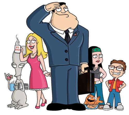 american dad - American Dad! is an American animated television series produced by Underdog Productions and Fuzzy Door Productions for 20th Century Fox. It was created, in part, by Seth MacFarlane, the creator of Family Guy. The pilot episode aired in the United States on Fox on February 6, 2005, thirty minutes after the end of Super Bowl XXXIX; the regular series began May 1, 2005, after the season premiere of Family Guy. American Dad! follows the events of Central Intelligence Agency (CIA) agent Stan Smith and his family. The show centers on the Smith family and the various obstacles Stan, an employee of the Central Intelligence Agency, encounters to ensure that his country remains safe including the obstacles he faces with his immediate family. The Smith family lives in the fictional community of'Langley Falls, Virginia' in the Washington, D.C. metropolitan area. The town name is a composite of Langley, Virginia and Great Falls, Virginia, both of which are located in Fairfax County. Langley is the real-life location of CIA headquarters. Stan Smith: Has worked for the CIA since the 1980s as a'weapons expert' and is always on the alert for terrorist activity. As of the first episode of Season 2, he seems to be the'Deputy Deputy Director,' although the official announcement of his promotion was not shown to viewers. Since then his work has included the interrogation of possible terrorists. He can be quite paranoid and protective: he has a terror-alert color code on his fridge, and is so high-strung as to shoot the toaster when the toast pops up. Stan is in almost top physical shape (though he has a bit of a gut) and is able to do moves like James Bond. He has no qualms about kidnapping, drugging, or tasering anybody, even family members, for his own deranged reasons; in one episode, in which Steve cannot get a date, he kidnaps American actress and singer Hilary Duff. He worships Ronald Reagan, quoting his speeches and even going as far as choosing a dog because it was alive during Reagan's administration. He is startlingly out of touch with international events. Stan has a very itchy trigger finger, and apparently loves Mr. Pibb. He also drives what appears to be a black Ford Expedition. It has been noted by Seth MacFarlane that he is based on the announcers of the ever popular 1950's American anti-communist propaganda films.[citation needed] Francine Smith Enlarge Francine Smith Francine Smith: The sweet, stereotypical trophy housewife of Stan Smith. She keeps her own opinions and party-hearty personality mostly to herself, for the sake of her husband's ultra-conservative views. She rarely has any friends except for one closet bisexual (she has no career and Stan always scares the neighbors). However, in the 1980s, she slept with Adam Ant, Billy Gibbons of ZZ Top, and Dexy's Midnight Runners. She is more sympathetic to Hayley's ideologies and Steve's geekiness than Stan is. Her housework is her life, although she has occasional longing for grander things. Francine is not a natural blonde and is in fact a brunette, which explains why neither of her children have blond hair. She once owned a muffin-selling kiosk at the mall, but it was destroyed in an explosion caused by extremist hippies. She also has a deep resentment of actor George Clooney because she blames Clooney for costing her an acting career. Francine's brain has been repeatedly damaged by her husband in acts of foolishness (Francine's Flashback, Roger 'n Me), which is considered a form of Diane Szalinskiism. In American Dad Vs. Family Guy Kung Fu, she looks and acts like the Statue of Liberty. Hayley Smith Enlarge Hayley Smith Hayley Smith: The ultra-liberal daughter of Stan and Francine. Because of her views, Stan distrusts her more than her brother. She is eighteen and goes to community college. She partakes in recreational marijuana, usually with her on-again, off again boyfriend, Jeff, and goes hiking with him. They are both vegetarians, although Hayley appears to be forcing her beliefs onto Jeff. In the episode'Bullocks To Stan', she dropped Jeff to sleep with her father's boss, CIA Deputy Director Bullock, because she was looking for a guy who'can stand up to her.' After Stan's intervention, she dumped Bullock and went back to her hippie boyfriend Jeff. In Saudi Arabia she slept with a Shawarma King guy because she was impressed by his (false) claim about being a tormented, conflicted member of Al Qaeda. She later broke up with Jeff. Steve Smith Enlarge Steve Smith Steve Smith: Geeky little brother of Hayley and son of Stan and Francine. Roger seems to be his best friend. He goes to extreme measures to raise his social status and get dates, yet he actually knows very little about sex. Although he was stereotypically whiny in the pilot episode, in the regular series he is confident and smart, but still a dork. He plays Dungeons& Dragons with his three best human friends. He's fourteen years old, reads Elvish, and had a brief fling with a senior citizen (when criticized for the relationship, he responds with:'So do raisins![have wrinkles] But they taste pretty sweet!') Steve has numerous run ins with Stan wanting Steve to follow in his footsteps, often criticising his (nerdy) friends and Steve's actions. A most prominent example of this is in the star trek episode, in which Steve gets legally divorced from his family. Klaus the Talking Fish Enlarge Klaus the Talking Fish Klaus: The result of the CIA swapping an East German Olympic ski-jumper's brain (actually his brainwaves) with that of a goldfish in order to prevent him from winning the gold medal. This libidinous fish manifests some sadistic tendencies ('I'm German!' is the explanation he offers) and lusts after Francine. In the'Finances With Wolves' episode, Klaus switched his goldfish body for that of a black man's, and almost ran off with Francine, but the body was destroyed in the aftermath of an explosion at the mall, which also destroyed Francine's short lived muffin-selling kiosk, and his brain was placed in another goldfish's body. He is extremely tolerant of water conditions; while the average goldfish will die even in tapwater, Klaus has swum in a washing machine and a Thermos of coffee, and frequently perches himself out of the water. Klaus's brain swap was said to be during the'1986 Winter Olympics,' which were not real. His voice is modeled after Peter Lorre's. In the German dubbed version of American Dad!, Klaus speaks in a Saxon dialect, which is seen as a stereotype for East Germans in general and is considered funny among German native speakers outside of Saxony. His behaviour in the German version is reminiscent of an ex-Stasi agent and he gives a few hints that he was once attached to the Stasi agency. Roger the Alien Enlarge Roger the Alien Roger: The sarcastic, surly, lonely, and effeminate space alien who saved Stan's life in Area 51. He spends his time eating (mainly junk foods), smoking, and drinking. Roger is an avid film, television, and celebrity buff. He is not allowed to leave the house and the family has to conceal his existence, although he has left on a few occasions in various disguises including a frilly dress, gloves and hat which caused him to be mistaken for a senior citizen. His voice is modeled after Paul Lynde's. Roger is in many ways a Family Guy-esque version of ALF. It has been said that Roger is a parody of the character Spewey on the short-lived sitcom, Get a Life. Roger is often humorous and aloof and in many episodes his often flamboyant remarks lead the audience to question his sexuality. He has the power to defecate gold with jewels on it, which now leads to a side story in the series about how people who have found it become greedy and often meet a horrible end. [edit] Smith Relatives   * Jack Smith: Stan's father. For most of his life, Stan believed his father to be a top secret agent in'The Scarlet Alliance'. In reality, he was a jewel thief. After the man Stan paid to pretend to be his father died, the real Jack dropped in on the family. Roger developed a'boy crush' on Jack but the other family members remained wary of him. Jack has grey hair and is missing an eye, based on the traditional look of Marvel Comics' super-spy Nick Fury of S.H.I.E.L.D., but resembles Stan. Voiced by Daran Norris.[edit] Other characters In addition to the Smith family, there are numerous minor characters which have appeared, or have plans to appear, in multiple episodes.   * Avery Bullock: Deputy Director of the CIA, and Stan's 58-year-old-boss. He is as high-strung as Stan, but considerably less paranoid and usually more competent. He is voiced by (and resembles) Patrick Stewart. He once had an intimate relationship with Hayley. He is married, but his wife is handcuffed to a radiator in Fallujah, as he does'not negotiate with terrorists'. * Greg Corbin: Local News Anchor, Terry's co-anchor and domestic partner. Also Stan's neighbor. Afraid to tell his father he's gay. He and Terry had a penchant for minor bickering, however, they are a complete antithesis of Tom Tucker and Diane Simmons of Family Guy. Greg is a member of the Log Cabin Republicans, and has brown hair. * Terry Bates: Local News Anchor, Greg's co-anchor and domestic partner. Also Stan's neighbor. Stan was completely unaware of the fact that his neighbors are a homosexual couple, and, while initially being prejudiced against them for their practice of liberal journalism, eventually merely considered them nice young men that just happen to live together. Terry is a Democrat and has blonde hair. * Jeff Fischer: Hayley's stoner boyfriend. Hayley dumped him in the 1st season, because he agreed with people very easily, until Stan taught him to'stand up for himself' (by beating, electrocuting, and entombing him). He and Hayley got back together. Loves events like Burning Man. In one episode, he was bleeding and twitching on the floor of a diner after being thrown head-first into a wall by B