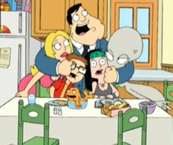 american dad - American Dad! is an American animated television series produced by Underdog Productions and Fuzzy Door Productions for 20th Century Fox. It was created, in part, by Seth MacFarlane, the creator of Family Guy. The pilot episode aired in the United States on Fox on February 6, 2005, thirty minutes after the end of Super Bowl XXXIX; the regular series began May 1, 2005, after the season premiere of Family Guy. American Dad! follows the events of Central Intelligence Agency (CIA) agent Stan Smith and his family. The show centers on the Smith family and the various obstacles Stan, an employee of the Central Intelligence Agency, encounters to ensure that his country remains safe including the obstacles he faces with his immediate family. The Smith family lives in the fictional community of'Langley Falls, Virginia' in the Washington, D.C. metropolitan area. The town name is a composite of Langley, Virginia and Great Falls, Virginia, both of which are located in Fairfax County. Langley is the real-life location of CIA headquarters. Stan Smith: Has worked for the CIA since the 1980s as a'weapons expert' and is always on the alert for terrorist activity. As of the first episode of Season 2, he seems to be the'Deputy Deputy Director,' although the official announcement of his promotion was not shown to viewers. Since then his work has included the interrogation of possible terrorists. He can be quite paranoid and protective: he has a terror-alert color code on his fridge, and is so high-strung as to shoot the toaster when the toast pops up. Stan is in almost top physical shape (though he has a bit of a gut) and is able to do moves like James Bond. He has no qualms about kidnapping, drugging, or tasering anybody, even family members, for his own deranged reasons; in one episode, in which Steve cannot get a date, he kidnaps American actress and singer Hilary Duff. He worships Ronald Reagan, quoting his speeches and even going as far as choosing a dog because it was alive during Reagan's administration. He is startlingly out of touch with international events. Stan has a very itchy trigger finger, and apparently loves Mr. Pibb. He also drives what appears to be a black Ford Expedition. It has been noted by Seth MacFarlane that he is based on the announcers of the ever popular 1950's American anti-communist propaganda films.[citation needed] Francine Smith Enlarge Francine Smith Francine Smith: The sweet, stereotypical trophy housewife of Stan Smith. She keeps her own opinions and party-hearty personality mostly to herself, for the sake of her husband's ultra-conservative views. She rarely has any friends except for one closet bisexual (she has no career and Stan always scares the neighbors). However, in the 1980s, she slept with Adam Ant, Billy Gibbons of ZZ Top, and Dexy's Midnight Runners. She is more sympathetic to Hayley's ideologies and Steve's geekiness than Stan is. Her housework is her life, although she has occasional longing for grander things. Francine is not a natural blonde and is in fact a brunette, which explains why neither of her children have blond hair. She once owned a muffin-selling kiosk at the mall, but it was destroyed in an explosion caused by extremist hippies. She also has a deep resentment of actor George Clooney because she blames Clooney for costing her an acting career. Francine's brain has been repeatedly damaged by her husband in acts of foolishness (Francine's Flashback, Roger 'n Me), which is considered a form of Diane Szalinskiism. In American Dad Vs. Family Guy Kung Fu, she looks and acts like the Statue of Liberty. Hayley Smith Enlarge Hayley Smith Hayley Smith: The ultra-liberal daughter of Stan and Francine. Because of her views, Stan distrusts her more than her brother. She is eighteen and goes to community college. She partakes in recreational marijuana, usually with her on-again, off again boyfriend, Jeff, and goes hiking with him. They are both vegetarians, although Hayley appears to be forcing her beliefs onto Jeff. In the episode'Bullocks To Stan', she dropped Jeff to sleep with her father's boss, CIA Deputy Director Bullock, because she was looking for a guy who'can stand up to her.' After Stan's intervention, she dumped Bullock and went back to her hippie boyfriend Jeff. In Saudi Arabia she slept with a Shawarma King guy because she was impressed by his (false) claim about being a tormented, conflicted member of Al Qaeda. She later broke up with Jeff. Steve Smith Enlarge Steve Smith Steve Smith: Geeky little brother of Hayley and son of Stan and Francine. Roger seems to be his best friend. He goes to extreme measures to raise his social status and get dates, yet he actually knows very little about sex. Although he was stereotypically whiny in the pilot episode, in the regular series he is confident and smart, but still a dork. He plays Dungeons& Dragons with his three best human friends. He's fourteen years old, reads Elvish, and had a brief fling with a senior citizen (when criticized for the relationship, he responds with:'So do raisins![have wrinkles] But they taste pretty sweet!') Steve has numerous run ins with Stan wanting Steve to follow in his footsteps, often criticising his (nerdy) friends and Steve's actions. A most prominent example of this is in the star trek episode, in which Steve gets legally divorced from his family. Klaus the Talking Fish Enlarge Klaus the Talking Fish Klaus: The result of the CIA swapping an East German Olympic ski-jumper's brain (actually his brainwaves) with that of a goldfish in order to prevent him from winning the gold medal. This libidinous fish manifests some sadistic tendencies ('I'm German!' is the explanation he offers) and lusts after Francine. In the'Finances With Wolves' episode, Klaus switched his goldfish body for that of a black man's, and almost ran off with Francine, but the body was destroyed in the aftermath of an explosion at the mall, which also destroyed Francine's short lived muffin-selling kiosk, and his brain was placed in another goldfish's body. He is extremely tolerant of water conditions; while the average goldfish will die even in tapwater, Klaus has swum in a washing machine and a Thermos of coffee, and frequently perches himself out of the water. Klaus's brain swap was said to be during the'1986 Winter Olympics,' which were not real. His voice is modeled after Peter Lorre's. In the German dubbed version of American Dad!, Klaus speaks in a Saxon dialect, which is seen as a stereotype for East Germans in general and is considered funny among German native speakers outside of Saxony. His behaviour in the German version is reminiscent of an ex-Stasi agent and he gives a few hints that he was once attached to the Stasi agency. Roger the Alien Enlarge Roger the Alien Roger: The sarcastic, surly, lonely, and effeminate space alien who saved Stan's life in Area 51. He spends his time eating (mainly junk foods), smoking, and drinking. Roger is an avid film, television, and celebrity buff. He is not allowed to leave the house and the family has to conceal his existence, although he has left on a few occasions in various disguises including a frilly dress, gloves and hat which caused him to be mistaken for a senior citizen. His voice is modeled after Paul Lynde's. Roger is in many ways a Family Guy-esque version of ALF. It has been said that Roger is a parody of the character Spewey on the short-lived sitcom, Get a Life. Roger is often humorous and aloof and in many episodes his often flamboyant remarks lead the audience to question his sexuality. He has the power to defecate gold with jewels on it, which now leads to a side story in the series about how people who have found it become greedy and often meet a horrible end. [edit] Smith Relatives   * Jack Smith: Stan's father. For most of his life, Stan believed his father to be a top secret agent in'The Scarlet Alliance'. In reality, he was a jewel thief. After the man Stan paid to pretend to be his father died, the real Jack dropped in on the family. Roger developed a'boy crush' on Jack but the other family members remained wary of him. Jack has grey hair and is missing an eye, based on the traditional look of Marvel Comics' super-spy Nick Fury of S.H.I.E.L.D., but resembles Stan. Voiced by Daran Norris.[edit] Other characters In addition to the Smith family, there are numerous minor characters which have appeared, or have plans to appear, in multiple episodes.   * Avery Bullock: Deputy Director of the CIA, and Stan's 58-year-old-boss. He is as high-strung as Stan, but considerably less paranoid and usually more competent. He is voiced by (and resembles) Patrick Stewart. He once had an intimate relationship with Hayley. He is married, but his wife is handcuffed to a radiator in Fallujah, as he does'not negotiate with terrorists'. * Greg Corbin: Local News Anchor, Terry's co-anchor and domestic partner. Also Stan's neighbor. Afraid to tell his father he's gay. He and Terry had a penchant for minor bickering, however, they are a complete antithesis of Tom Tucker and Diane Simmons of Family Guy. Greg is a member of the Log Cabin Republicans, and has brown hair. * Terry Bates: Local News Anchor, Greg's co-anchor and domestic partner. Also Stan's neighbor. Stan was completely unaware of the fact that his neighbors are a homosexual couple, and, while initially being prejudiced against them for their practice of liberal journalism, eventually merely considered them nice young men that just happen to live together. Terry is a Democrat and has blonde hair. * Jeff Fischer: Hayley's stoner boyfriend. Hayley dumped him in the 1st season, because he agreed with people very easily, until Stan taught him to'stand up for himself' (by beating, electrocuting, and entombing him). He and Hayley got back together. Loves events like Burning Man. In one episode, he was bleeding and twitching on the floor of a diner after being thrown head-first into a wall by B