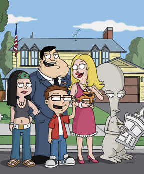 american dad - American Dad! is an American animated television series produced by Underdog Productions and Fuzzy Door Productions for 20th Century Fox. It was created, in part, by Seth MacFarlane, the creator of Family Guy. The pilot episode aired in the United States on Fox on February 6, 2005, thirty minutes after the end of Super Bowl XXXIX; the regular series began May 1, 2005, after the season premiere of Family Guy. American Dad! follows the events of Central Intelligence Agency (CIA) agent Stan Smith and his family. The show centers on the Smith family and the various obstacles Stan, an employee of the Central Intelligence Agency, encounters to ensure that his country remains safe including the obstacles he faces with his immediate family. The Smith family lives in the fictional community of'Langley Falls, Virginia' in the Washington, D.C. metropolitan area. The town name is a composite of Langley, Virginia and Great Falls, Virginia, both of which are located in Fairfax County. Langley is the real-life location of CIA headquarters. Stan Smith: Has worked for the CIA since the 1980s as a'weapons expert' and is always on the alert for terrorist activity. As of the first episode of Season 2, he seems to be the'Deputy Deputy Director,' although the official announcement of his promotion was not shown to viewers. Since then his work has included the interrogation of possible terrorists. He can be quite paranoid and protective: he has a terror-alert color code on his fridge, and is so high-strung as to shoot the toaster when the toast pops up. Stan is in almost top physical shape (though he has a bit of a gut) and is able to do moves like James Bond. He has no qualms about kidnapping, drugging, or tasering anybody, even family members, for his own deranged reasons; in one episode, in which Steve cannot get a date, he kidnaps American actress and singer Hilary Duff. He worships Ronald Reagan, quoting his speeches and even going as far as choosing a dog because it was alive during Reagan's administration. He is startlingly out of touch with international events. Stan has a very itchy trigger finger, and apparently loves Mr. Pibb. He also drives what appears to be a black Ford Expedition. It has been noted by Seth MacFarlane that he is based on the announcers of the ever popular 1950's American anti-communist propaganda films.[citation needed] Francine Smith Enlarge Francine Smith Francine Smith: The sweet, stereotypical trophy housewife of Stan Smith. She keeps her own opinions and party-hearty personality mostly to herself, for the sake of her husband's ultra-conservative views. She rarely has any friends except for one closet bisexual (she has no career and Stan always scares the neighbors). However, in the 1980s, she slept with Adam Ant, Billy Gibbons of ZZ Top, and Dexy's Midnight Runners. She is more sympathetic to Hayley's ideologies and Steve's geekiness than Stan is. Her housework is her life, although she has occasional longing for grander things. Francine is not a natural blonde and is in fact a brunette, which explains why neither of her children have blond hair. She once owned a muffin-selling kiosk at the mall, but it was destroyed in an explosion caused by extremist hippies. She also has a deep resentment of actor George Clooney because she blames Clooney for costing her an acting career. Francine's brain has been repeatedly damaged by her husband in acts of foolishness (Francine's Flashback, Roger 'n Me), which is considered a form of Diane Szalinskiism. In American Dad Vs. Family Guy Kung Fu, she looks and acts like the Statue of Liberty. Hayley Smith Enlarge Hayley Smith Hayley Smith: The ultra-liberal daughter of Stan and Francine. Because of her views, Stan distrusts her more than her brother. She is eighteen and goes to community college. She partakes in recreational marijuana, usually with her on-again, off again boyfriend, Jeff, and goes hiking with him. They are both vegetarians, although Hayley appears to be forcing her beliefs onto Jeff. In the episode'Bullocks To Stan', she dropped Jeff to sleep with her father's boss, CIA Deputy Director Bullock, because she was looking for a guy who'can stand up to her.' After Stan's intervention, she dumped Bullock and went back to her hippie boyfriend Jeff. In Saudi Arabia she slept with a Shawarma King guy because she was impressed by his (false) claim about being a tormented, conflicted member of Al Qaeda. She later broke up with Jeff. Steve Smith Enlarge Steve Smith Steve Smith: Geeky little brother of Hayley and son of Stan and Francine. Roger seems to be his best friend. He goes to extreme measures to raise his social status and get dates, yet he actually knows very little about sex. Although he was stereotypically whiny in the pilot episode, in the regular series he is confident and smart, but still a dork. He plays Dungeons& Dragons with his three best human friends. He's fourteen years old, reads Elvish, and had a brief fling with a senior citizen (when criticized for the relationship, he responds with:'So do raisins![have wrinkles] But they taste pretty sweet!') Steve has numerous run ins with Stan wanting Steve to follow in his footsteps, often criticising his (nerdy) friends and Steve's actions. A most prominent example of this is in the star trek episode, in which Steve gets legally divorced from his family. Klaus the Talking Fish Enlarge Klaus the Talking Fish Klaus: The result of the CIA swapping an East German Olympic ski-jumper's brain (actually his brainwaves) with that of a goldfish in order to prevent him from winning the gold medal. This libidinous fish manifests some sadistic tendencies ('I'm German!' is the explanation he offers) and lusts after Francine. In the'Finances With Wolves' episode, Klaus switched his goldfish body for that of a black man's, and almost ran off with Francine, but the body was destroyed in the aftermath of an explosion at the mall, which also destroyed Francine's short lived muffin-selling kiosk, and his brain was placed in another goldfish's body. He is extremely tolerant of water conditions; while the average goldfish will die even in tapwater, Klaus has swum in a washing machine and a Thermos of coffee, and frequently perches himself out of the water. Klaus's brain swap was said to be during the'1986 Winter Olympics,' which were not real. His voice is modeled after Peter Lorre's. In the German dubbed version of American Dad!, Klaus speaks in a Saxon dialect, which is seen as a stereotype for East Germans in general and is considered funny among German native speakers outside of Saxony. His behaviour in the German version is reminiscent of an ex-Stasi agent and he gives a few hints that he was once attached to the Stasi agency. Roger the Alien Enlarge Roger the Alien Roger: The sarcastic, surly, lonely, and effeminate space alien who saved Stan's life in Area 51. He spends his time eating (mainly junk foods), smoking, and drinking. Roger is an avid film, television, and celebrity buff. He is not allowed to leave the house and the family has to conceal his existence, although he has left on a few occasions in various disguises including a frilly dress, gloves and hat which caused him to be mistaken for a senior citizen. His voice is modeled after Paul Lynde's. Roger is in many ways a Family Guy-esque version of ALF. It has been said that Roger is a parody of the character Spewey on the short-lived sitcom, Get a Life. Roger is often humorous and aloof and in many episodes his often flamboyant remarks lead the audience to question his sexuality. He has the power to defecate gold with jewels on it, which now leads to a side story in the series about how people who have found it become greedy and often meet a horrible end. [edit] Smith Relatives   * Jack Smith: Stan's father. For most of his life, Stan believed his father to be a top secret agent in'The Scarlet Alliance'. In reality, he was a jewel thief. After the man Stan paid to pretend to be his father died, the real Jack dropped in on the family. Roger developed a'boy crush' on Jack but the other family members remained wary of him. Jack has grey hair and is missing an eye, based on the traditional look of Marvel Comics' super-spy Nick Fury of S.H.I.E.L.D., but resembles Stan. Voiced by Daran Norris.[edit] Other characters In addition to the Smith family, there are numerous minor characters which have appeared, or have plans to appear, in multiple episodes.   * Avery Bullock: Deputy Director of the CIA, and Stan's 58-year-old-boss. He is as high-strung as Stan, but considerably less paranoid and usually more competent. He is voiced by (and resembles) Patrick Stewart. He once had an intimate relationship with Hayley. He is married, but his wife is handcuffed to a radiator in Fallujah, as he does'not negotiate with terrorists'. * Greg Corbin: Local News Anchor, Terry's co-anchor and domestic partner. Also Stan's neighbor. Afraid to tell his father he's gay. He and Terry had a penchant for minor bickering, however, they are a complete antithesis of Tom Tucker and Diane Simmons of Family Guy. Greg is a member of the Log Cabin Republicans, and has brown hair. * Terry Bates: Local News Anchor, Greg's co-anchor and domestic partner. Also Stan's neighbor. Stan was completely unaware of the fact that his neighbors are a homosexual couple, and, while initially being prejudiced against them for their practice of liberal journalism, eventually merely considered them nice young men that just happen to live together. Terry is a Democrat and has blonde hair. * Jeff Fischer: Hayley's stoner boyfriend. Hayley dumped him in the 1st season, because he agreed with people very easily, until Stan taught him to'stand up for himself' (by beating, electrocuting, and entombing him). He and Hayley got back together. Loves events like Burning Man. In one episode, he was bleeding and twitching on the floor of a diner after being thrown head-first into a wall by B