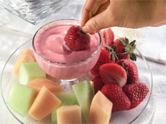 Yogurt Dip - Prep Time: 5 min Total Time:  1 hr 5 min Makes:  8 servings, 2 Tbsp. dip and 1/2 cup fruit each  2 Tbsp. KOOL-AID Strawberry Flavor Sugar-Sweetened Soft Drink Mix 1 cup vanilla low-fat yogurt 4 cups cut-up fresh fruit, such as cantaloupe, honeydew melon and strawberries  STIR soft drink mix into yogurt in small bowl; cover.  REFRIGERATE 1 hour or until ready to serve. Stir.  SERVE with cut-up fresh fruit for dipping.