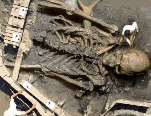 Skeleton - Skeleton of a man like a giant been dug from a site in middle east and one can see him how small the man digging the sand from near the head of the skeleton...
