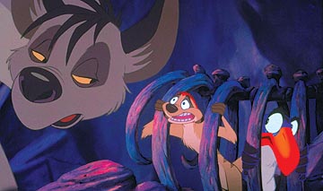 the lion king - Timon and Zazu held captive by hyenas