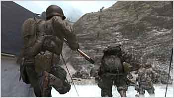Call of Duty 2 -  If you liked the original Call of Duty, then you're sure to enjoy the sequel, which stays true to the strengths of its predecessor. The Good: Excellent presentation; aggressive enemy ai; makes you really feel like a small part of a bigger war; varied campaign; fun multiplayer. The Bad: Performance can chug at times.  When the original Call of Duty was released a few years ago, it made an impact both on critics and on consumers, even in the already-crowded WWII shooter genre. Call of Duty's visceral action struck a chord with PC shooter fans, thanks to a well-designed campaign, enjoyable multiplayer, and outstanding sound effects. If you liked those aspects of the original, then you're sure to enjoy the sequel, which stays true to the strengths of its predecessor, while enhancing the sense that you're just one soldier in the midst of a massive war machine. It doesn't really break any new ground, but the game nails the core aspects of first-person-shooter gameplay so well that it doesn't need to.   Call of Duty 2 picks up right where its celebrated predecessor left off.  As in the first game, Call of Duty 2's campaign will put you in the shoes of a few different soldiers fighting for different Allied factions. You start off as a private in the Russian army, visciously fighting off the invading Germans in Moscow and Stalingrad. The British campaign is unlocked after beating the first Russian mission. For most of these missions you'll be fighting in the sand-swept deserts of North Africa alongside the Desert Rats against Field Marshal Rommel's troops. The final mission in the British campaign sends you to the bombed-out houses and hedgerows of Caen, France. After you're done with that, you'll play as an American corporal in Europe. Yes, you will be doing a D-Day landing, but not on Omaha Beach or Utah Beach, which you've probably played several times before. Instead, you'll be scaling the sheer cliffs of Pointe du Hoc as artillery with the Army Rangers. If you already thought rock climbing was an 'extreme' sport, try doing it with artillery and machine-gun fire raining down on you.  Each of the game's 10 missions is broken up into a few different stages. If you play the game on regular difficulty, you could blow through it in about 10 hours. Ratcheting up the difficulty a notch makes the game much harder and more tactical (this is probably the experience the designers intended). Since you'll be creeping and peeking more carefully through all the encounters, you'll lengthen the campaign significantly, and enjoy it more.  Breaking up the campaign into several different narrative vignettes arguably weakens the impact of the plot as a whole, although that was never the strength of Call of Duty in the first place. What this does is allow the designers to put you in a lot of different, interesting situations. One memorable moment in the Russian campaign has you crawling through a raised pipeline to sneak behind German lines and into a fortified factory building. As you make your way through the pipeline, you'll spot and snipe small pockets of German infantry through holes in the pipe. When they fire back up at you, you'll notice bullets tearing through the rusted pipe, ripping open holes for shafts of light to poke through. It's a thrilling effect. You'll also get quite a rush from both participating in and defending against all-out infantry charges across open city squares in Stalingrad. But just as the novelty of these wears off, you're shunted over to the British campaign in North Africa, where you'll do things like participate in night raids of small Tunisian towns, climb up to the top of spires to call in artillery on enemy tanks, and even drive a tank yourself. The American campaign has its own memorable moments, like scaling the cliffs of Pointe du Hoc, or sniping at German mortar crews from the top of a grain silo. The game paces itself so that you're always on your toes, and you'll find yourself switching back and forth almost constantly from an offensive position to making a defensive stand against counterattacks on the objective you've just captured. Yes, at the end of the day you're still just shooting a lot of Nazis, but the constantly varying contexts of how and why you're doing it keep the game compelling from start to finish.   Massive amounts of infantry can populate the battlefield.  You won't be participating in these forays alone; far from it. In every setting you'll be surrounded by what seems like dozens of soldiers, both friends and foes, who move and act in a realistic fashion. Lots of your artificially intelligent mates will die by your side, along with the dozens of enemy soldiers you kill, but more will come in from the rear echelons to take their place. The designers often do a good job of reminding you that the war isn't just the infantry skirmish in which you're fighting. From time to time you'll see planes engaged in dogfights flying overhead, or when you complete an objective of capturing a German harbor, you'll call in a naval strike and see enemy merchant ships being sunk at the docks.  In each confrontation, you'll find yourself setting up at logical stopping points to exchange fire with German resistance. You can snipe dozens of enemies out of the windows and from the trenches in front of a house, for example, but reinforcements replace them. It never feels as though the game is cheaply spawning in more fodder for you; it just does a great job of making you feel like there are a realistic number of soldiers holed up in a building. You need to get a feel for the flow of each pitched battle, and this can be done by advancing your line when the enemy ranks look thin enough, and then breaking into the house or bunker. Your allies will follow you in and help you clear out the objective. Of course, if you're too meek at attacking and pressing your advantage, the enemy AI is wily and aggressive enough to take charge. They're not afraid to pour fire on your position and toss tons of grenades at you. Thankfully, a handy grenade danger indicator lets you know when and where you have to scurry away from an impending blast. When you do die, the game reloads very quickly, and you're even treated to a quote about war from various historical figures. One that sticks out in our minds is an ironic one from Solomon Short: 'The only winner in the War of 1812 was Tchaikovsky.'