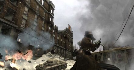 Call of Duty 2 -  If you liked the original Call of Duty, then you're sure to enjoy the sequel, which stays true to the strengths of its predecessor. The Good: Excellent presentation; aggressive enemy ai; makes you really feel like a small part of a bigger war; varied campaign; fun multiplayer. The Bad: Performance can chug at times.  When the original Call of Duty was released a few years ago, it made an impact both on critics and on consumers, even in the already-crowded WWII shooter genre. Call of Duty's visceral action struck a chord with PC shooter fans, thanks to a well-designed campaign, enjoyable multiplayer, and outstanding sound effects. If you liked those aspects of the original, then you're sure to enjoy the sequel, which stays true to the strengths of its predecessor, while enhancing the sense that you're just one soldier in the midst of a massive war machine. It doesn't really break any new ground, but the game nails the core aspects of first-person-shooter gameplay so well that it doesn't need to.   Call of Duty 2 picks up right where its celebrated predecessor left off.  As in the first game, Call of Duty 2's campaign will put you in the shoes of a few different soldiers fighting for different Allied factions. You start off as a private in the Russian army, visciously fighting off the invading Germans in Moscow and Stalingrad. The British campaign is unlocked after beating the first Russian mission. For most of these missions you'll be fighting in the sand-swept deserts of North Africa alongside the Desert Rats against Field Marshal Rommel's troops. The final mission in the British campaign sends you to the bombed-out houses and hedgerows of Caen, France. After you're done with that, you'll play as an American corporal in Europe. Yes, you will be doing a D-Day landing, but not on Omaha Beach or Utah Beach, which you've probably played several times before. Instead, you'll be scaling the sheer cliffs of Pointe du Hoc as artillery with the Army Rangers. If you already thought rock climbing was an 'extreme' sport, try doing it with artillery and machine-gun fire raining down on you.  Each of the game's 10 missions is broken up into a few different stages. If you play the game on regular difficulty, you could blow through it in about 10 hours. Ratcheting up the difficulty a notch makes the game much harder and more tactical (this is probably the experience the designers intended). Since you'll be creeping and peeking more carefully through all the encounters, you'll lengthen the campaign significantly, and enjoy it more.  Breaking up the campaign into several different narrative vignettes arguably weakens the impact of the plot as a whole, although that was never the strength of Call of Duty in the first place. What this does is allow the designers to put you in a lot of different, interesting situations. One memorable moment in the Russian campaign has you crawling through a raised pipeline to sneak behind German lines and into a fortified factory building. As you make your way through the pipeline, you'll spot and snipe small pockets of German infantry through holes in the pipe. When they fire back up at you, you'll notice bullets tearing through the rusted pipe, ripping open holes for shafts of light to poke through. It's a thrilling effect. You'll also get quite a rush from both participating in and defending against all-out infantry charges across open city squares in Stalingrad. But just as the novelty of these wears off, you're shunted over to the British campaign in North Africa, where you'll do things like participate in night raids of small Tunisian towns, climb up to the top of spires to call in artillery on enemy tanks, and even drive a tank yourself. The American campaign has its own memorable moments, like scaling the cliffs of Pointe du Hoc, or sniping at German mortar crews from the top of a grain silo. The game paces itself so that you're always on your toes, and you'll find yourself switching back and forth almost constantly from an offensive position to making a defensive stand against counterattacks on the objective you've just captured. Yes, at the end of the day you're still just shooting a lot of Nazis, but the constantly varying contexts of how and why you're doing it keep the game compelling from start to finish.   Massive amounts of infantry can populate the battlefield.  You won't be participating in these forays alone; far from it. In every setting you'll be surrounded by what seems like dozens of soldiers, both friends and foes, who move and act in a realistic fashion. Lots of your artificially intelligent mates will die by your side, along with the dozens of enemy soldiers you kill, but more will come in from the rear echelons to take their place. The designers often do a good job of reminding you that the war isn't just the infantry skirmish in which you're fighting. From time to time you'll see planes engaged in dogfights flying overhead, or when you complete an objective of capturing a German harbor, you'll call in a naval strike and see enemy merchant ships being sunk at the docks.  In each confrontation, you'll find yourself setting up at logical stopping points to exchange fire with German resistance. You can snipe dozens of enemies out of the windows and from the trenches in front of a house, for example, but reinforcements replace them. It never feels as though the game is cheaply spawning in more fodder for you; it just does a great job of making you feel like there are a realistic number of soldiers holed up in a building. You need to get a feel for the flow of each pitched battle, and this can be done by advancing your line when the enemy ranks look thin enough, and then breaking into the house or bunker. Your allies will follow you in and help you clear out the objective. Of course, if you're too meek at attacking and pressing your advantage, the enemy AI is wily and aggressive enough to take charge. They're not afraid to pour fire on your position and toss tons of grenades at you. Thankfully, a handy grenade danger indicator lets you know when and where you have to scurry away from an impending blast. When you do die, the game reloads very quickly, and you're even treated to a quote about war from various historical figures. One that sticks out in our minds is an ironic one from Solomon Short: 'The only winner in the War of 1812 was Tchaikovsky.'