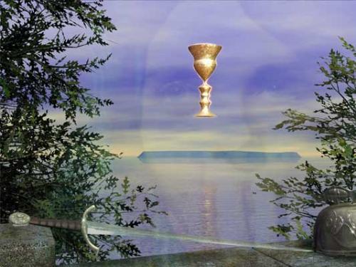 Isle of Avalon, Grail and Excalibur - This picture shows the legendary Isle of Avalon, with the Grail and Excalibur.