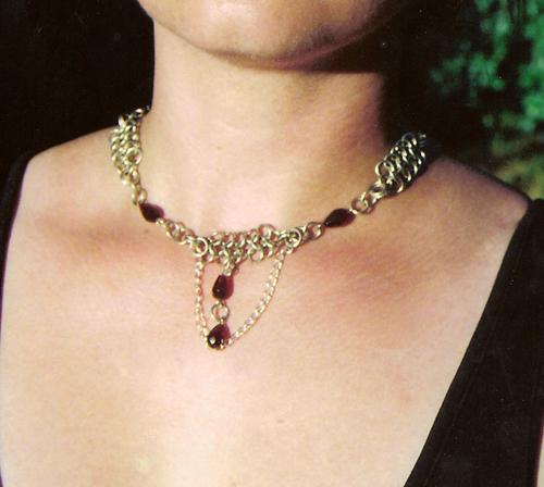 Chainmail Choker - Chainmail Choker made with garnet colored czech firepolish beads