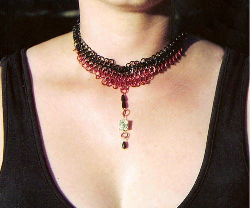 Chainmail Choker - European 4in1 chainmail choker with red and black czech firepolish beads