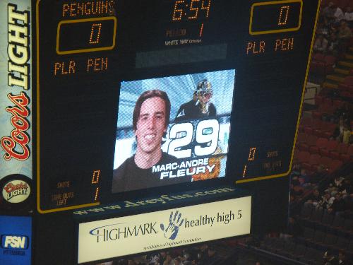 Marc Andre Fleury on the Jumbotron - Marc Andre Fleury on the Jumbotron at the Mellon Arena on 12/19