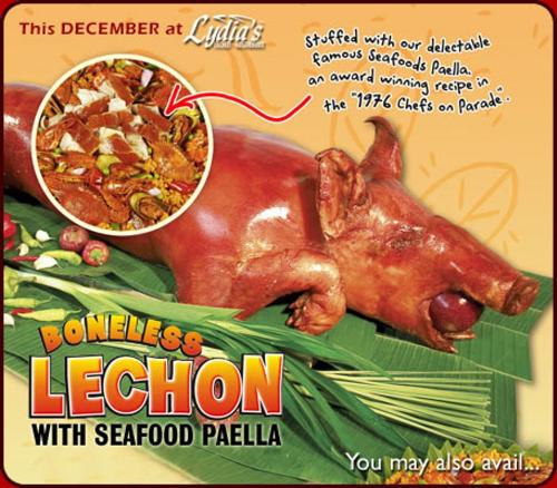 Lydia's Lechon - The Philippines most novelty food. Lechon is roasted pic on open fire pit of coals.It is marinated with herbs and sauces.FOr more info http://www.lydias-lechon.com/thelechon.html