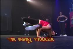 The Baby Freeze - This is the only step stunt I could do in breakdance. I'm so lame. Haha. But I'm trying to learn new ones. I really need to have big muscles for this type of dance!  got the picture from: http://www.kellypetersdance.com/images/dvd/heather_freeze.jpg