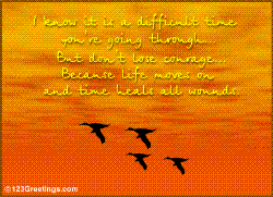 words of encouragement - ducks flying in the sunset sky with words of encouragement of moving on in difficult times.