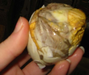 Balut egg - A native delicacy in the Philippines

http://en.wikipedia.org/wiki/Balut