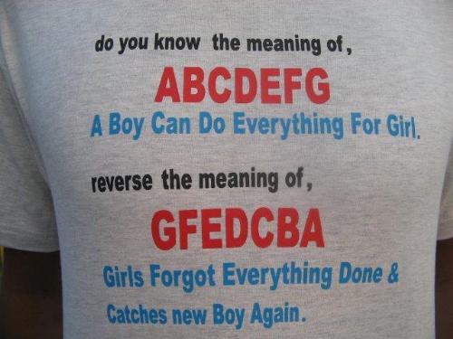ABCDEFG  - Hello, I found an interesting message printed on Shirt. This guy had given a new meaning to the alphabets.Just tell me do you agree on what this gu is preaching.