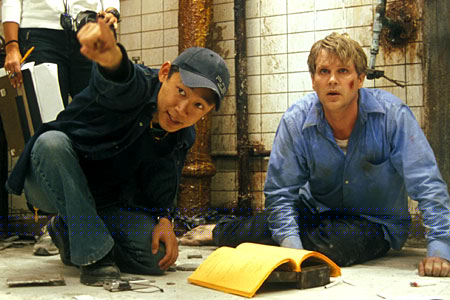saw - Director James Wan and Cary Elwes.