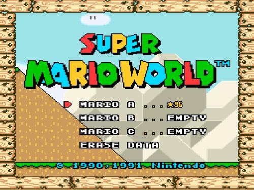 Super Mario World - 96 levels - A screenshot of super mario world opening screen.