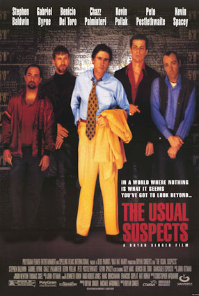 The Usual Suspects - When a truck loaded with stripped gun parts is hijacked outside of Queens, five notorious thieves become overnight guests of the NYPD, but that's all they need to hatch a plan that brings them to Los Angeles for the ultimate take, $91 million in hard cash. Roger 'Verbal' Kint, an apparent victim of cerebral palsy yet an accomplished con man, soon falls under the persuasive powers of U.S. Customs Special Agent David Kujan, who's hot on their trail. Kint weaves a tale that begins six weeks ago, back at the police shake-down in New York. Assembled among the professional felons are hardware specialist Todd Hockney, entry man Michael McManus and Dean Keaton, an ex-cop whose hijacking and smuggling exploits have incurred Kujan's wrath. Customs has been building a case on Keaton for three years, and despite Kint's claim that Keaton is dead, Kujan looks to squeeze Kint until he gets his man. In a surprise plot twist, a pitiable con man is being outwitted by an eager Fed. Or is he?