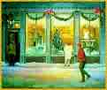 holiday scene - wintery and chilly store front with shoppers