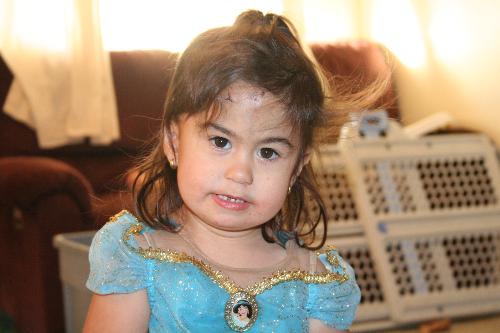 Lina as Princess Jasmine - Lina is dressed as Princess Jasmine from the Disney(R) movie Aladdin.  On Halloween, everyone thought she was a genie.  She loves this costume and even wears it around the house and to sleep in.