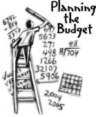 Budget - Cartoon of man on a ladder writing his budget on the wall.