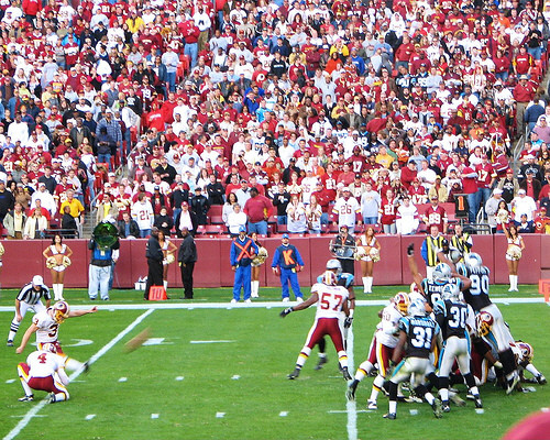 Washington Redskins vs. Carolina Panthers pt. 10 - Picture of washington redskins field goal kicker kicking a field goal.