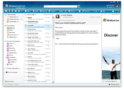 windows live mail - windows live main inbox view of the emails