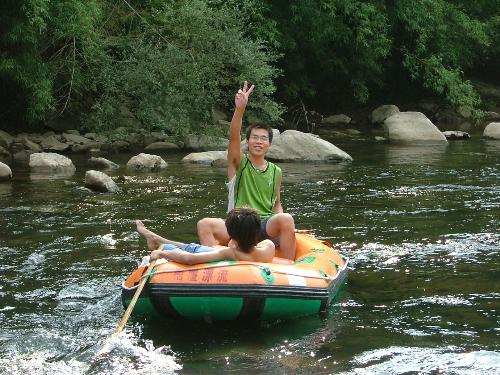 swim - my classmate and i on the boat,that's very interest