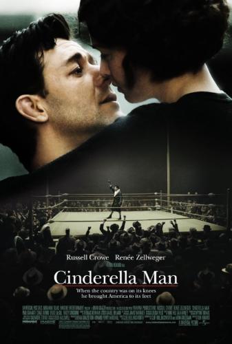 Renee and Russell in Cinderella Man - Fact-based story of depression era boxing champ James J. Braddock. The film opens with Braddock winning a fight in 1928 and becoming a contender for a championship bout. The film then quickly jumps five years into the future. The depression is on and Braddock has had a series of defeats. Fighting injured, including with a broken hand, made him less of a fighter. Braddock, like many others in that era, lost everything in the stock market and scrimping by on the small fights he can get and on dock work. His wife would prefer he quit boxing, but knows how badly they need the money to get by with their three kids. Watering down milk just to make it do for several more days is a common occurrence. When his trainer manages to get him one more fight on the spur of the moment against the current #2 contender, Braddock rises to the occasion and knocks him out. His amazing comeback becomes the source of inspiration of many down-on-their-luck Americans. A series of fights later leads to the championship match against the arrogant champ, Max Baer. Baer, who had already killed two men in the ring, urges the older Braddock not to fight him. Of course, Braddock feels he has nothing more to lose and very devastating, intense fight ensues. Contains very brutal boxing violence.