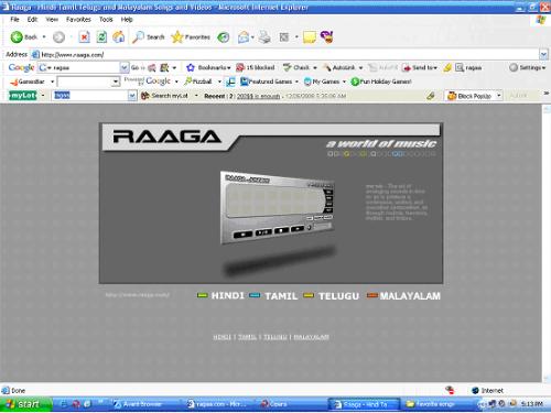 www.Raaga.com - This is a web site screen shot. This web site helps to hear song of Tamil, Telegu, Hindi... It is a very best site for Indians...