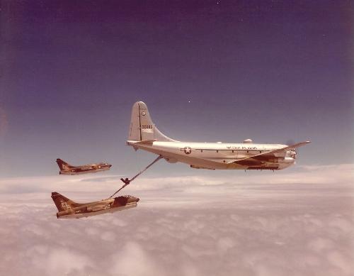 KC-97 Tanker refueling fighter jet in flight - Air National Guard KC-97 Tanker in flight.  I used to be a navigator on this type of aircraft and flew many refueling missions - Hence my screen name 'airnavigator'