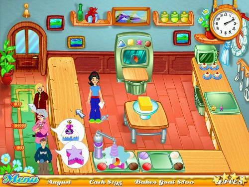 Cake Mania - Cake Mania http://www.gamespot.com/pc/puzzle/cakemania/index.html Help Jill upgrade her kitchen with state-of-the-art baking tools, while serving her ever-increasingly difficult customers. Help Jill earn enough to reopen her grandparents' bakery in this fast-paced culinary crisis.