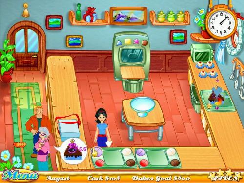 Cake Mania - Cake Mania http://www.gamespot.com/pc/puzzle/cakemania/index.html Help Jill upgrade her kitchen with state-of-the-art baking tools, while serving her ever-increasingly difficult customers. Help Jill earn enough to reopen her grandparents' bakery in this fast-paced culinary crisis.