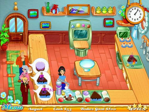 Cake Mania - Cake Mania http://www.gamespot.com/pc/puzzle/cakemania/index.html Help Jill upgrade her kitchen with state-of-the-art baking tools, while serving her ever-increasingly difficult customers. Help Jill earn enough to reopen her grandparents' bakery in this fast-paced culinary crisis.