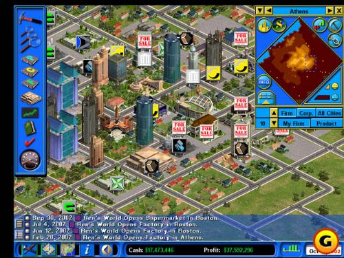 Capitalism - Capitalism http://www.gamespot.com/pc/strategy/capitalism/index.html 'Buy low, sell high': it's not only a way of life in America, it describes a whole category of game known as the 'economic sim'. Pioneered by Railroad Tycoon and popularized by Impressions (Air Buck, Detroit, High Seas Trader), this game type appeals only to a certain type of person: one who prefers to conquer with bucks, not bullets. And the most elaborate and impressive example of this genre seen yet is Capitalism, created by Hong Kong native Trevor Chan. It is obsessively detailed, painfully complex, and very realistic. The goal of Capitalism is sweeping: turn your corporation into the most profitable one in the world. There are so many ways to do this that we can only touch on a few of them here. You start up a company with a set amount of capital and cut-throat competition, and go forth into the marketplace by choosing an area on the map to start your operation. With a massive variety of screens and options, you can choose to farm, mine, mass-produce, import/export, retail, manufacture, or research. This is the guts of the game, where you decide which way your company is going to go by sizing up the different regions and their resources. For example, if cotton comes in at the only port and you have the ability to manufacture shirts, you can start as a clothes manufacturer. You set up buildings and links to buy the cotton (or even farm it), research the process, and make the shirts.