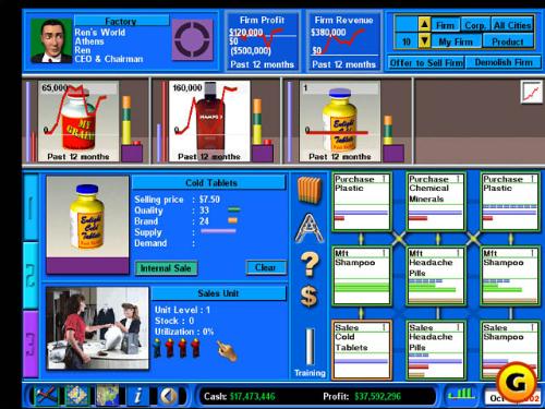 Capitalism - Capitalism http://www.gamespot.com/pc/strategy/capitalism/index.html 'Buy low, sell high': it's not only a way of life in America, it describes a whole category of game known as the 'economic sim'. Pioneered by Railroad Tycoon and popularized by Impressions (Air Buck, Detroit, High Seas Trader), this game type appeals only to a certain type of person: one who prefers to conquer with bucks, not bullets. And the most elaborate and impressive example of this genre seen yet is Capitalism, created by Hong Kong native Trevor Chan. It is obsessively detailed, painfully complex, and very realistic. The goal of Capitalism is sweeping: turn your corporation into the most profitable one in the world. There are so many ways to do this that we can only touch on a few of them here. You start up a company with a set amount of capital and cut-throat competition, and go forth into the marketplace by choosing an area on the map to start your operation. With a massive variety of screens and options, you can choose to farm, mine, mass-produce, import/export, retail, manufacture, or research. This is the guts of the game, where you decide which way your company is going to go by sizing up the different regions and their resources. For example, if cotton comes in at the only port and you have the ability to manufacture shirts, you can start as a clothes manufacturer. You set up buildings and links to buy the cotton (or even farm it), research the process, and make the shirts.