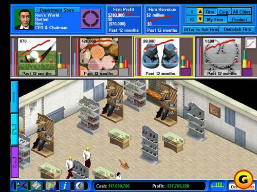 Capitalism - Capitalism http://www.gamespot.com/pc/strategy/capitalism/index.html 'Buy low, sell high': it's not only a way of life in America, it describes a whole category of game known as the 'economic sim'. Pioneered by Railroad Tycoon and popularized by Impressions (Air Buck, Detroit, High Seas Trader), this game type appeals only to a certain type of person: one who prefers to conquer with bucks, not bullets. And the most elaborate and impressive example of this genre seen yet is Capitalism, created by Hong Kong native Trevor Chan. It is obsessively detailed, painfully complex, and very realistic. The goal of Capitalism is sweeping: turn your corporation into the most profitable one in the world. There are so many ways to do this that we can only touch on a few of them here. You start up a company with a set amount of capital and cut-throat competition, and go forth into the marketplace by choosing an area on the map to start your operation. With a massive variety of screens and options, you can choose to farm, mine, mass-produce, import/export, retail, manufacture, or research. This is the guts of the game, where you decide which way your company is going to go by sizing up the different regions and their resources. For example, if cotton comes in at the only port and you have the ability to manufacture shirts, you can start as a clothes manufacturer. You set up buildings and links to buy the cotton (or even farm it), research the process, and make the shirts.