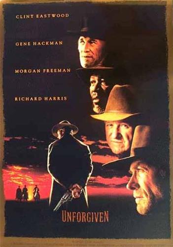 Unforgiven - The town of Big Whisky is full of normal people trying to lead quiet lives. Cowboys try to make a living. Sheriff 'Little Bill' tries to build a house and keep a heavy-handed order. The town call girls just try to get by.Then a couple of cowboys cut up a call gir. Unsatisfied with Bill's justice, the prostitutes put a bounty on the cowboys. The bounty attracts a young gun billing himself as 'The Schofield Kid', and aging killer William Munny. Munny reformed for his young wife, and has been raising crops and two children in peace. But his wife is gone. Farm life is hard. And Munny is no good at it. So he calls his old partner Ned, saddles his ornery nag, and rides off to kill one more time, blurring the lines between heroism and villainy, man and myth.   Reference: http://www.imdb.com/title/tt0105695/plotsummary
