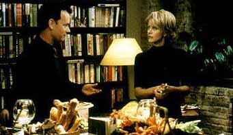 You've Got Mail - Kathleen Kelly, owner of a little and famous bookstore for children's books, has an affair. Being together with Frank Navasky, a well-known journalist, she betrays him by e-mailing secretly and anonymously with a (also betraying) man whom she met in a chat room. Suddenly, her business gets endangered by the opening of Fox Books discount store just 'around the corner'. She meets Joe Fox, son of the owner, and soon gets annoyed by his arrogant way of managing business matters. Although getting advice by her anonymous mail-pal, she has to close down her store. But Joe Fox's life suddenly gets out of control when he learns that his anonymous mail-pal is nobody other than Kathleen Kelly.  Source: http://www.imdb.com/title/tt0128853/plotsummary