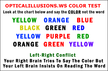 color test - not heres an interesting activity .... wht u have to do is to look at the color chart and  say the color not the word... well i tryed several times and succeded in dont know which number of attempt..:)