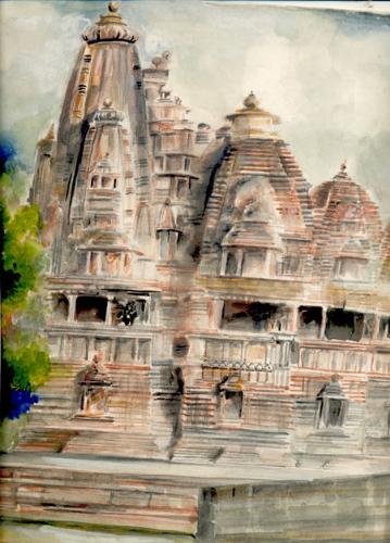 A Khajuraho temple - A reproduction of the original done with water soluble pencils.
