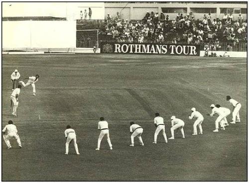 9 Sleeps! - Its a rare cricketing site. All 9 players are standing in the sleep Position!