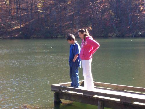 Standing on the Dock - NE Georgia, my kids on a dock, Fall day, clear blue skies