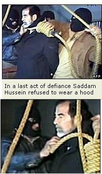 images of saddam hussain's execution - Ropes are being put around Saddam's neck, and he has refused to wear a hood while being executed.