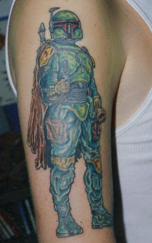 Jedi Bounty Hunter - Boba Fet....Star wars  7 hours.  ..the 'kicker' is that I did this tattoo 12 years ago!...I hardly knew how to tattoo when I pulled this one off!...and it can still stand with the stuff I am doin now....I guess this was a hint of my talents to come!