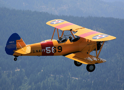 Biplane - Biplane airplane in flight. Bi-planes are used for flying and crop dusting and adventure flights. Flying in a biplane.